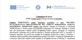 Comuna MÂRZĂNEȘTI anunta finalizarea proiectului cu titlul “DOTAREA INVATAMANTULUI PREUNIVERSITAR DIN COMUNA MÂRZĂNEȘTI, JUDETUL TELEORMAN” 1834DOT/2023