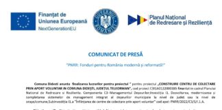 Comunicat de presa/ Comuna Didesti anunta finalizarea lucrarilor pentru proiectul ” pentru proiectul „CONSTRUIRE CENTRU DE COLECTARE PRIN APORT VOLUNTAR IN COMUNA DIDEȘTI, JUDEȚUL TELEORMAN