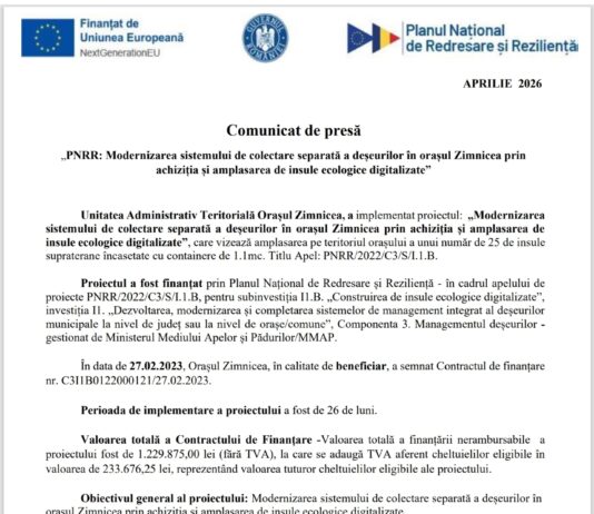 „PNRR: Modernizarea sistemului de colectare separată a deșeurilor în orașul Zimnicea prin achiziția și amplasarea de insule ecologice digitalizate”